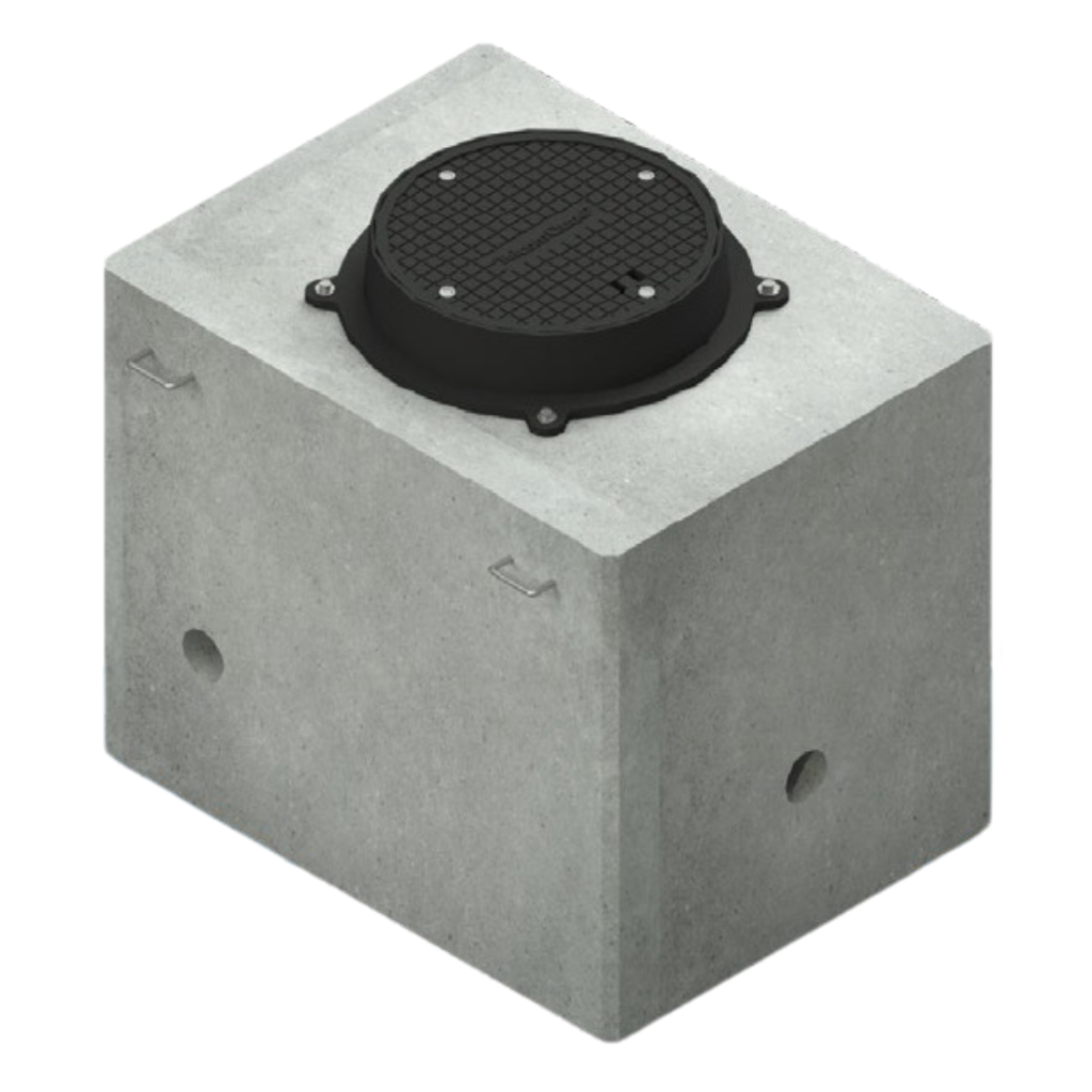 HS20-rated concrete vault with iron cast lid – TelcomQuad underground utility enclosure.